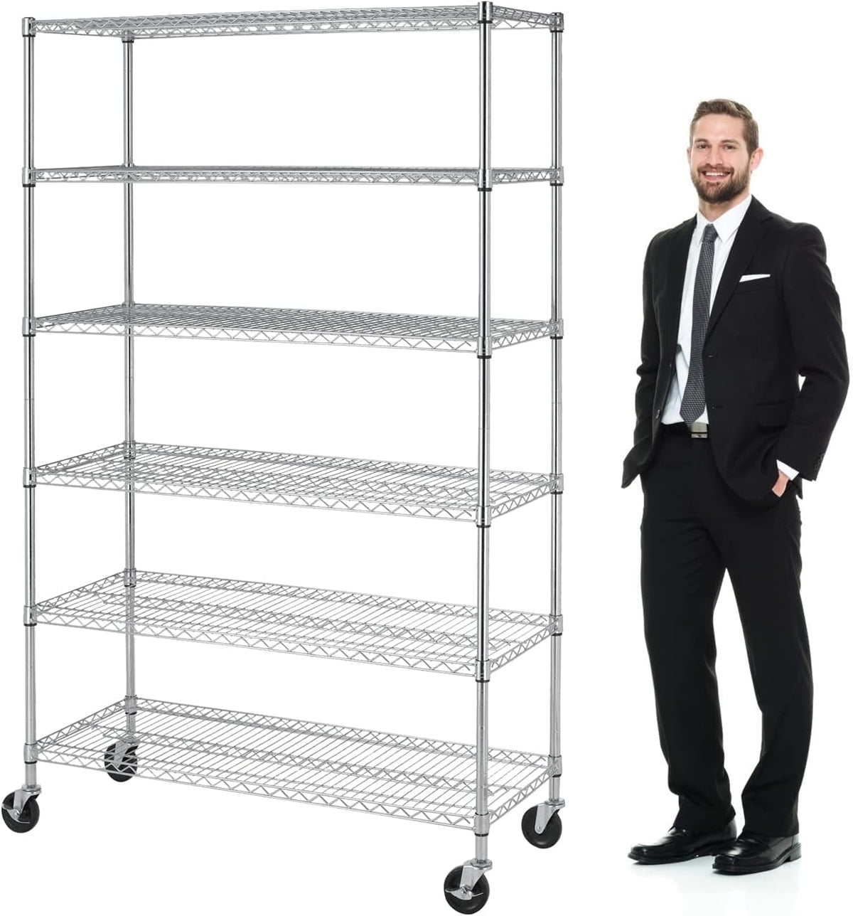 COOKCOK 6-Shelf Wire Shelving Unit, 46.06" x 17.71" x 81.88" Heavy Duty Steel Wire Rack, Adjustable Storage Shelving Rack with Wheels, Commercial Metal Shelf for Kitchen,Garage, Pantry, Silver
