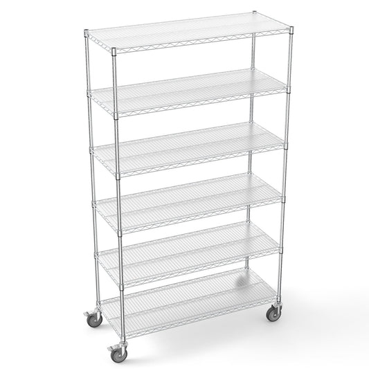 COOKCOK 6-Tier Wire Shelving Unit, Height Adjustable Metal Storage Shelf, 48" x 20" x 84.5" Garage Storage Shelves with Wheels, 700lbs Capacity, Heavy Duty Wire Rack with PE Mat, Chrome