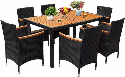 COOKCOK 7 Piece Patio Dining Set, Outdoor Acacia Wood Table & Chairs with Soft Cushion, Garden, Black