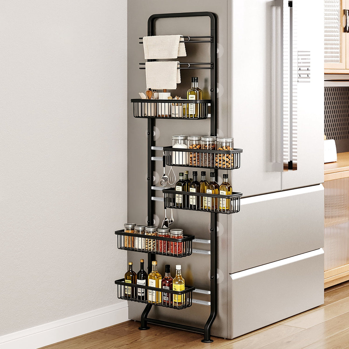 COOKCOK 7-Tier Slim Refrigerator Side Storage Rack, Narrow Space-Saving Gap Storage Shelf with Sliding Baskets, Paper Towel Holder & 4 Hooks for Kitchen, Bathroom, Laundry, Black