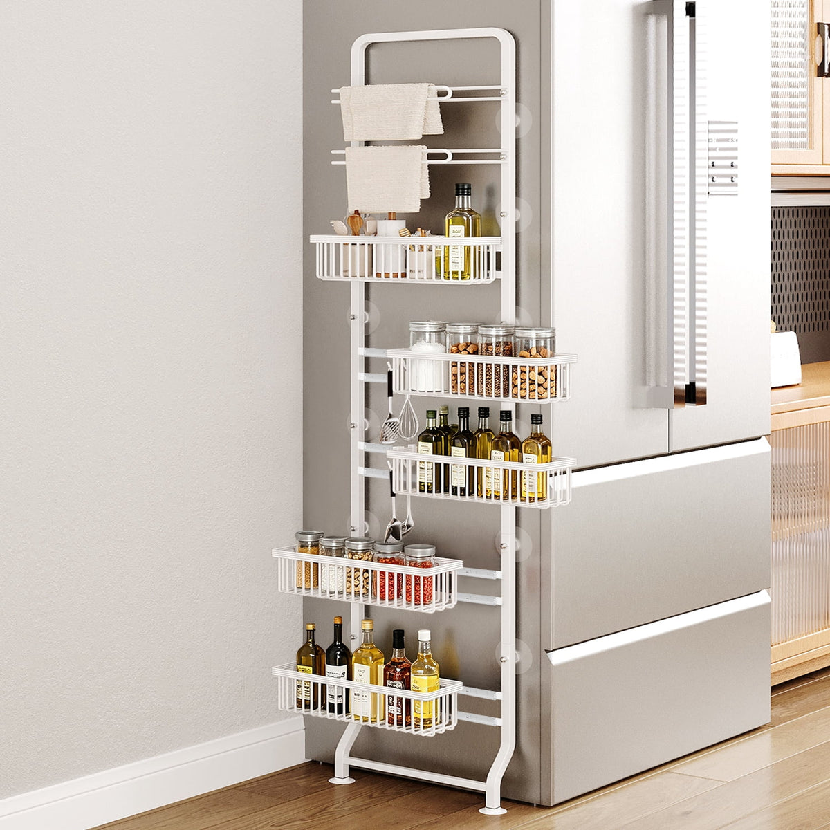 COOKCOK 7-Tier Slim Refrigerator Side Storage Rack, Narrow Space-Saving Gap Storage Shelf with Sliding Baskets, Paper Towel Holder & 4 Hooks for Kitchen, Bathroom, Laundry, Black