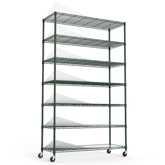 COOKCOK 7-Tier Wire Shelving Unit, 48" x 18" x 82" NSF Height Adjustable Metal Storage Shelf with Wheels, 500 lbs Capacity, Heavy Duty Garage Shelves with PE Mat,  Storage Wire Rack, Green