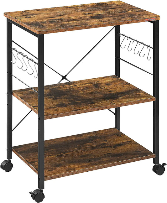 COOKCOK Baker's Rack, Kitchen Microwave Cart, Coffee Bar Table Station, 3-Tier Kitchen Utility Storage Shelf with Rolling Wheels , 10 Hooks, Brown