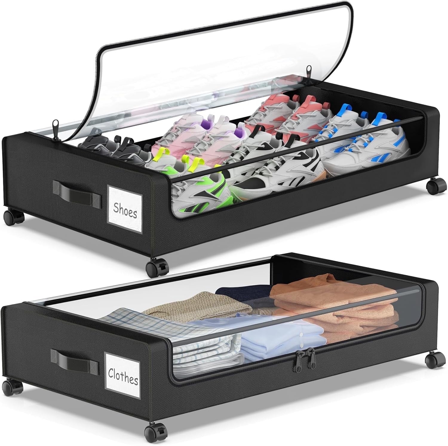 COOKCOK Under Bed Storage with Wheels, 2-Pack Underbed Storage Containers with Clear Lids & Label, Rolling Under the Bed Storage Bins, Rolling Metal Drawer for Clothes, Shoes, Toys, Books, Grey
