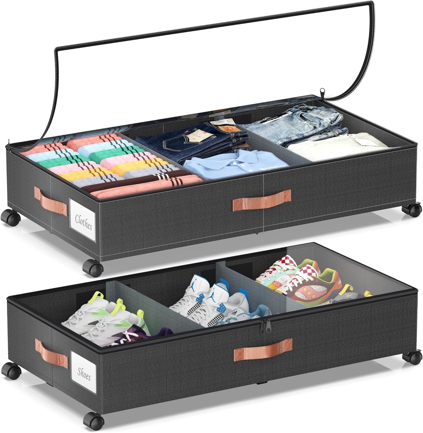 COOKCOK Under Bed Storage with Wheels, 2 Pack Under Bed Storage Containers with Dividers & Clear Lids, Under the bed storage Organizer Bins, Underbed Storage for Clothes, Toys, Shoes, Grey