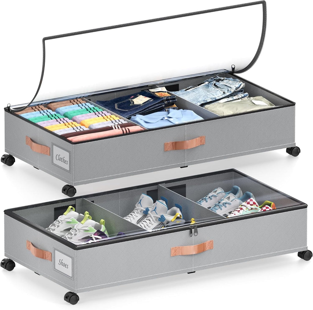 COOKCOK Under Bed Storage with Wheels, 2 Pack Under Bed Storage Containers with Dividers & Clear Lids, Under the bed storage Organizer Bins, Underbed Storage for Clothes, Toys, Shoes, Grey