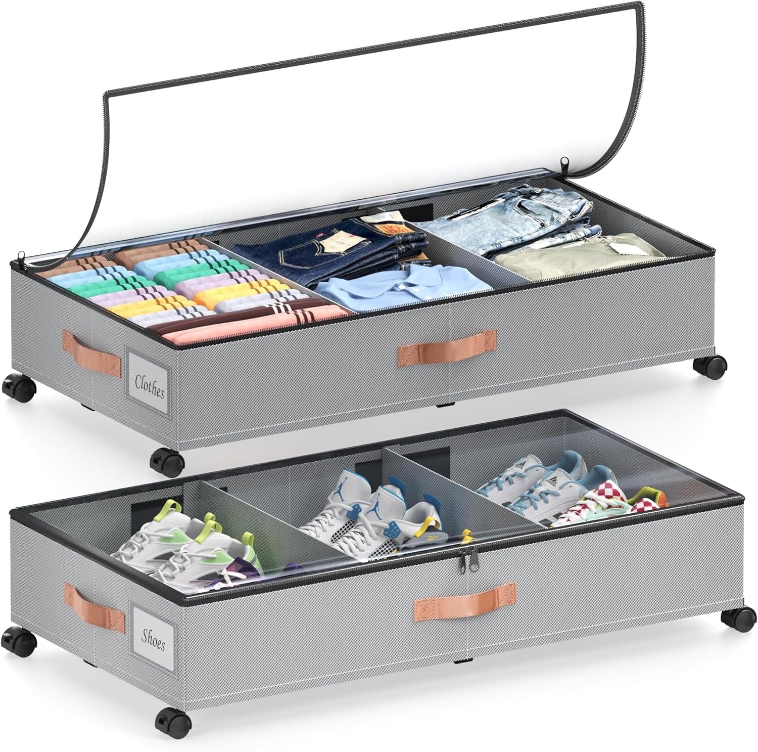 COOKCOK Under Bed Storage with Wheels, 2 Pack Under Bed Storage Containers with Dividers & Clear Lids, Under the bed storage Organizer Bins, Underbed Storage for Clothes, Toys, Shoes, Grey