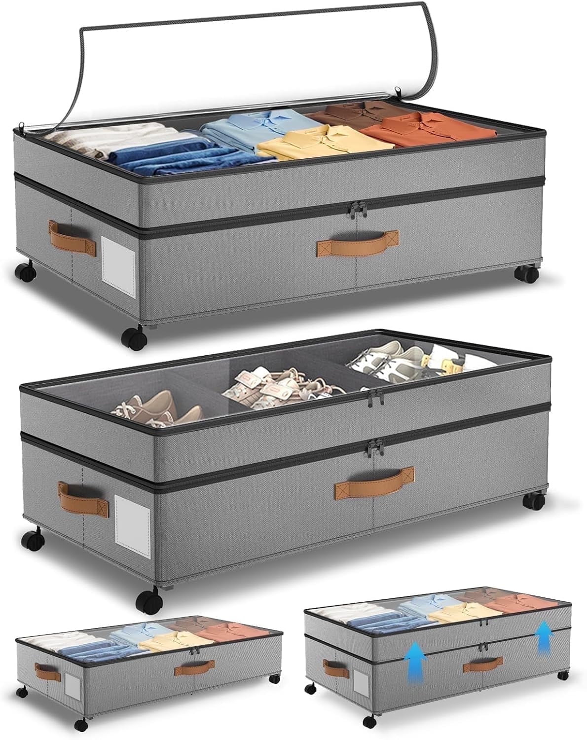 COOKCOK Under Bed Storage with Wheels, 72L XXL Under the Bed Storage Containers Large, 11‘’ Tall Adjustable Storage for Underbed with Lids, Rolling for Shoes, Clothes, Blankets, Black
