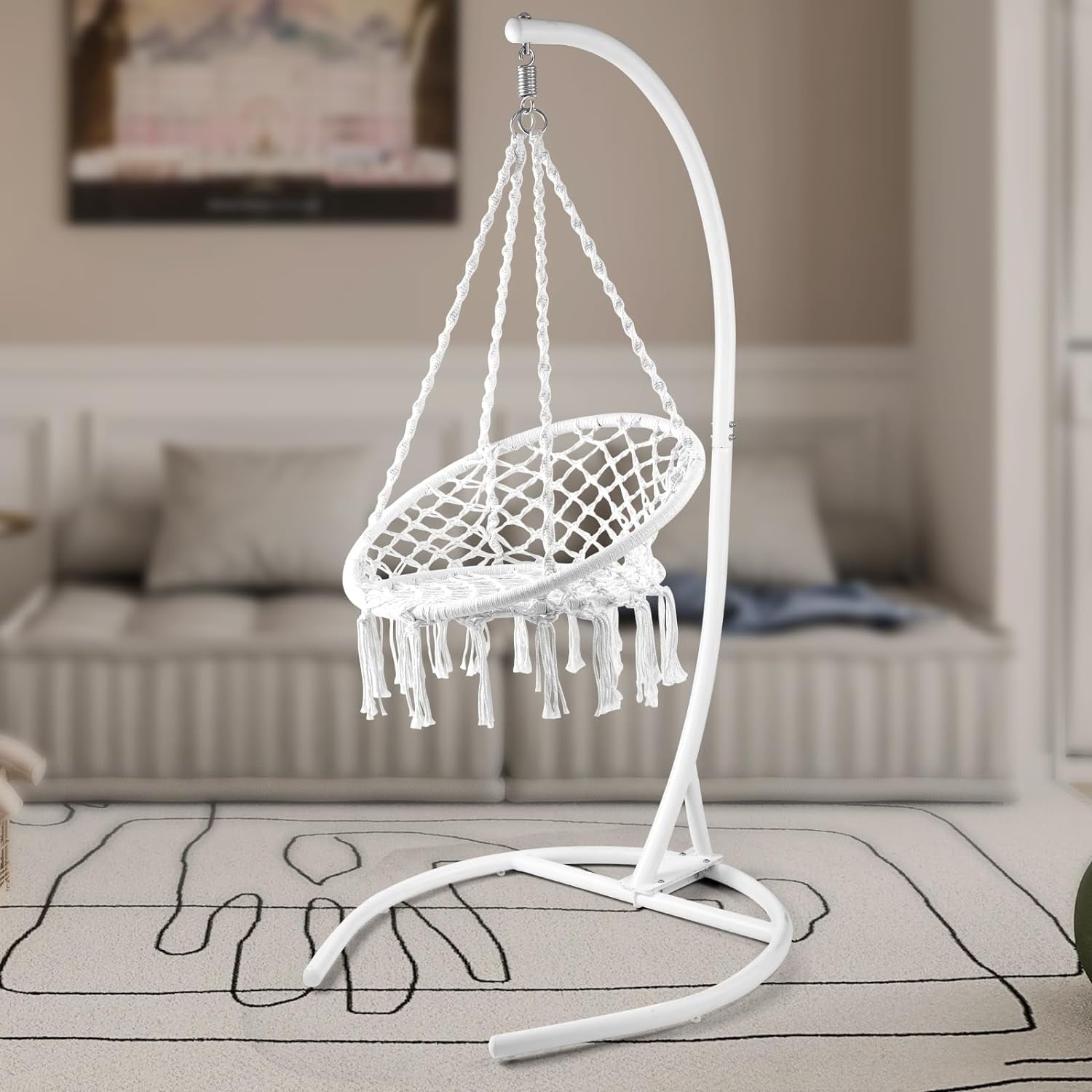 COOKCOK Boho Swinging Hammock Chairs with Stand for Bedroom, Patio, Porch, 265LBS Capacity, White