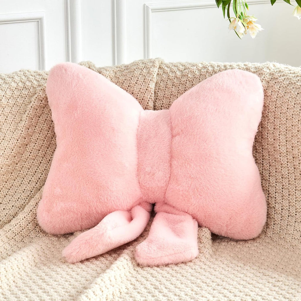 COOKCOK Bow Pillow, Soft Bow Decorative Throw Pillows with Faux Rabbit Fur, Cute 12" Bow Throw Pillows for Home Decor, Plush Pillow for Bedroom Sofa Couch, Pink