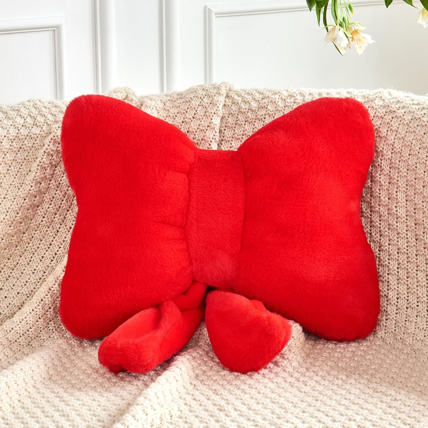 COOKCOK Bow Pillow, Soft Bow Decorative Throw Pillows with Faux Rabbit Fur, Cute 16" Bow Throw Pillows for Home Decor, Plush Pillow for Bedroom Sofa Couch, Pink