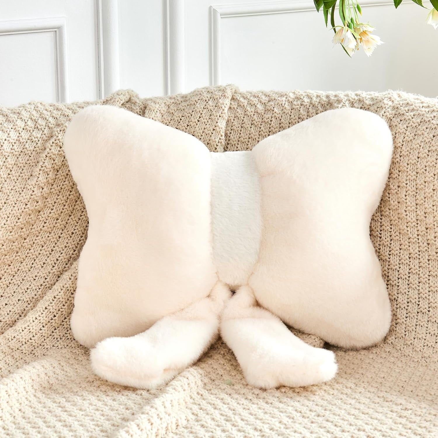 COOKCOK Bow Pillow, Soft Bow Decorative Throw Pillows with Faux Rabbit Fur, Cute 12" Bow Throw Pillows for Home Decor, Plush Pillow for Bedroom Sofa Couch, Pink