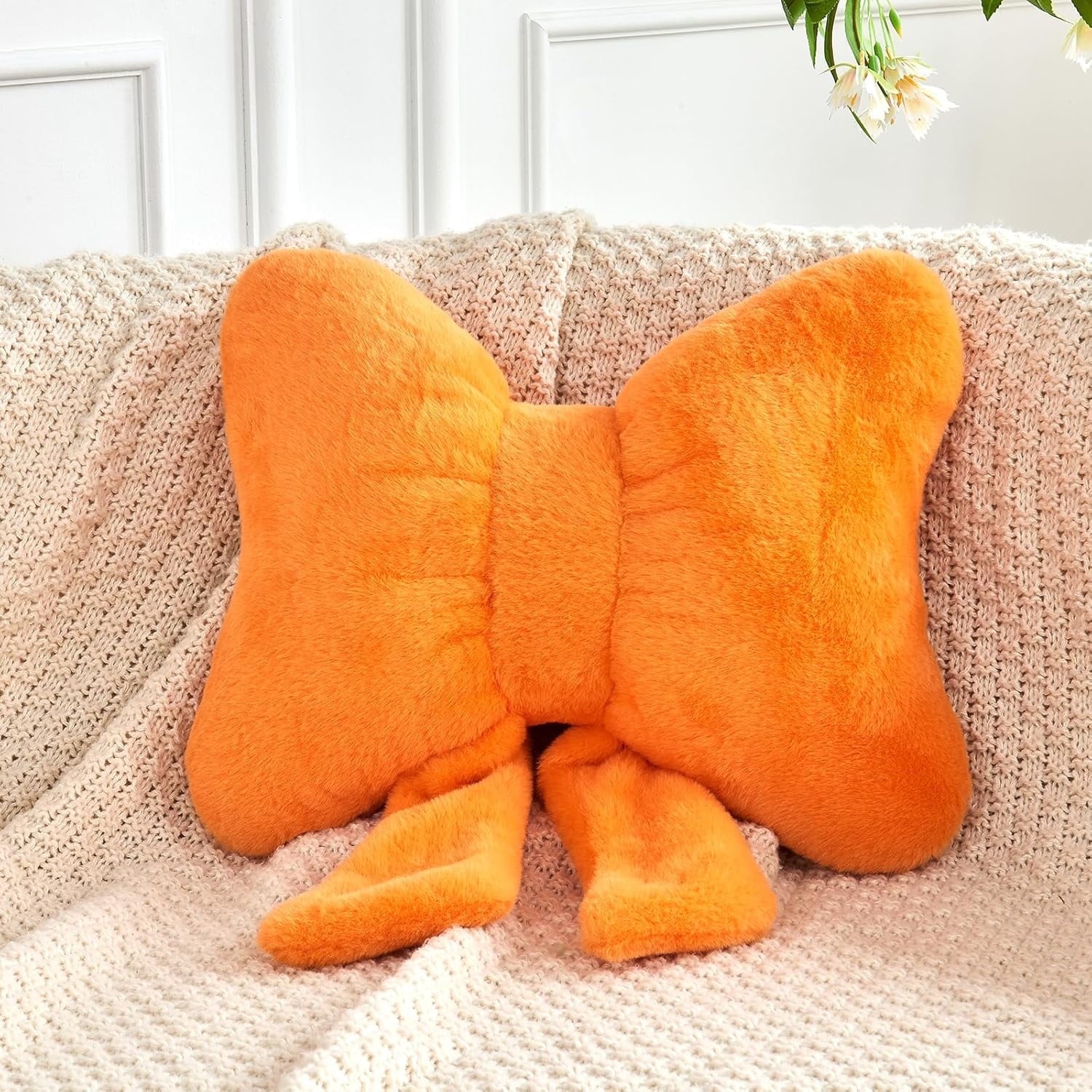 COOKCOK Bow Pillow, Soft Bow Decorative Throw Pillows with Faux Rabbit Fur, Cute 16" Bow Throw Pillows for Home Decor, Plush Pillow for Bedroom Sofa Couch, Pink