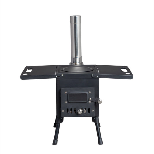 COOKCOK Camping rocket stove with chimney, 22.6"D x 11.4"W x 14.6"H, Alloy Steel, Black