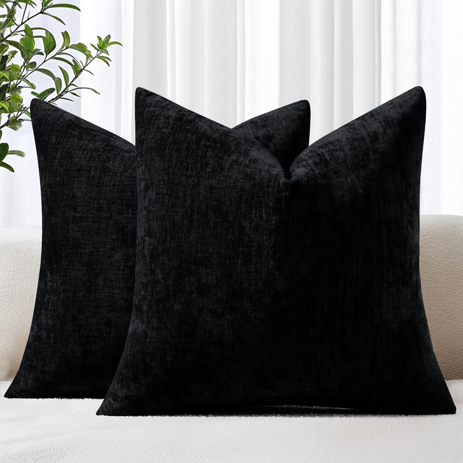 COOKCOK Chenille Black Throw Pillow Covers 18x18 Inch Set of 2, Decorative Soft Couch Pillow Covers Solid Dyed Accent Farmhouse Neutral Square Pillow Cases for Sofa Bed Living Room, Cream White