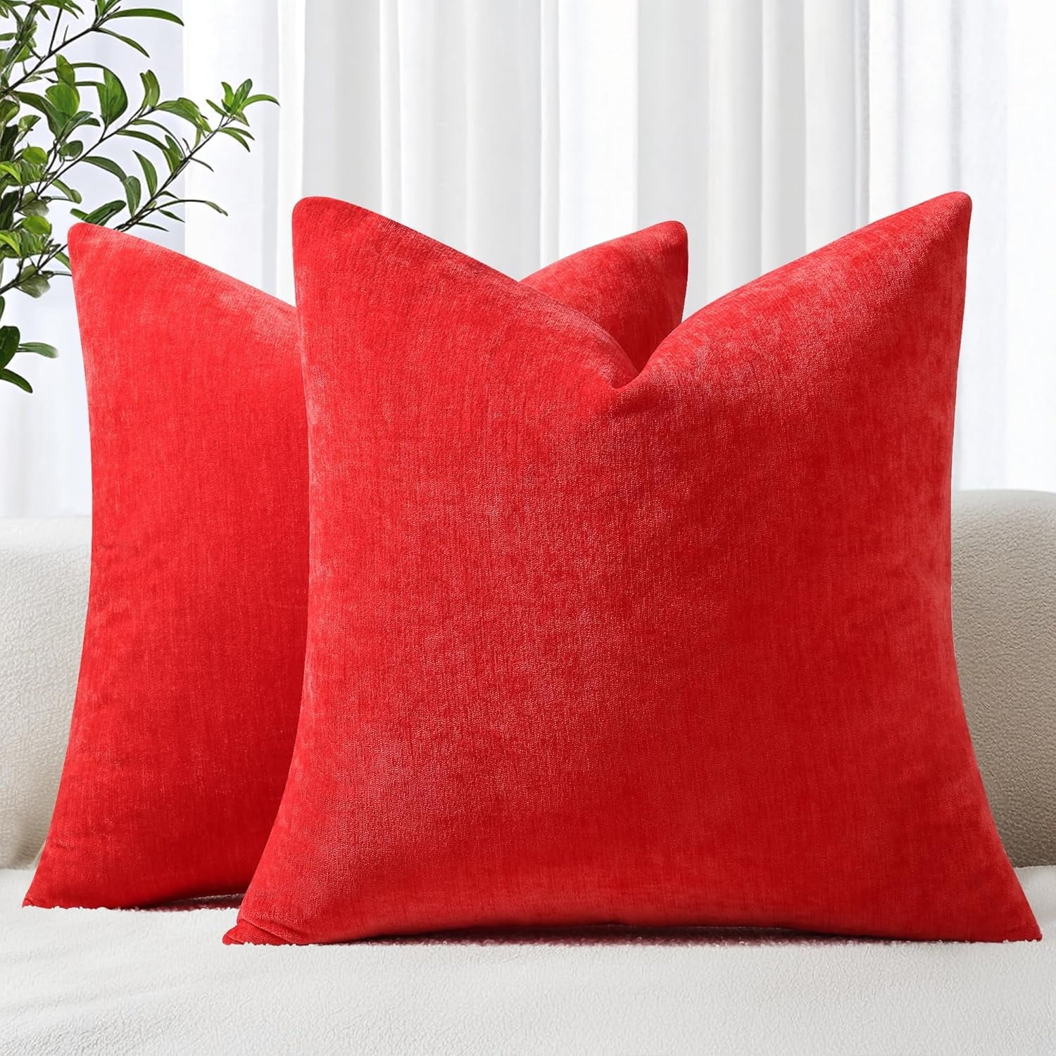 COOKCOK Chenille Black Throw Pillow Covers 18x18 Inch Set of 2, Decorative Soft Couch Pillow Covers Solid Dyed Accent Farmhouse Neutral Square Pillow Cases for Sofa Bed Living Room, Cream White