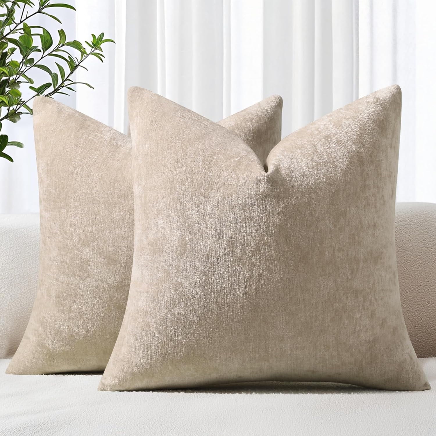 COOKCOK Chenille Black Throw Pillow Covers 18x18 Inch Set of 2, Decorative Soft Couch Pillow Covers Solid Dyed Accent Farmhouse Neutral Square Pillow Cases for Sofa Bed Living Room, Cream White