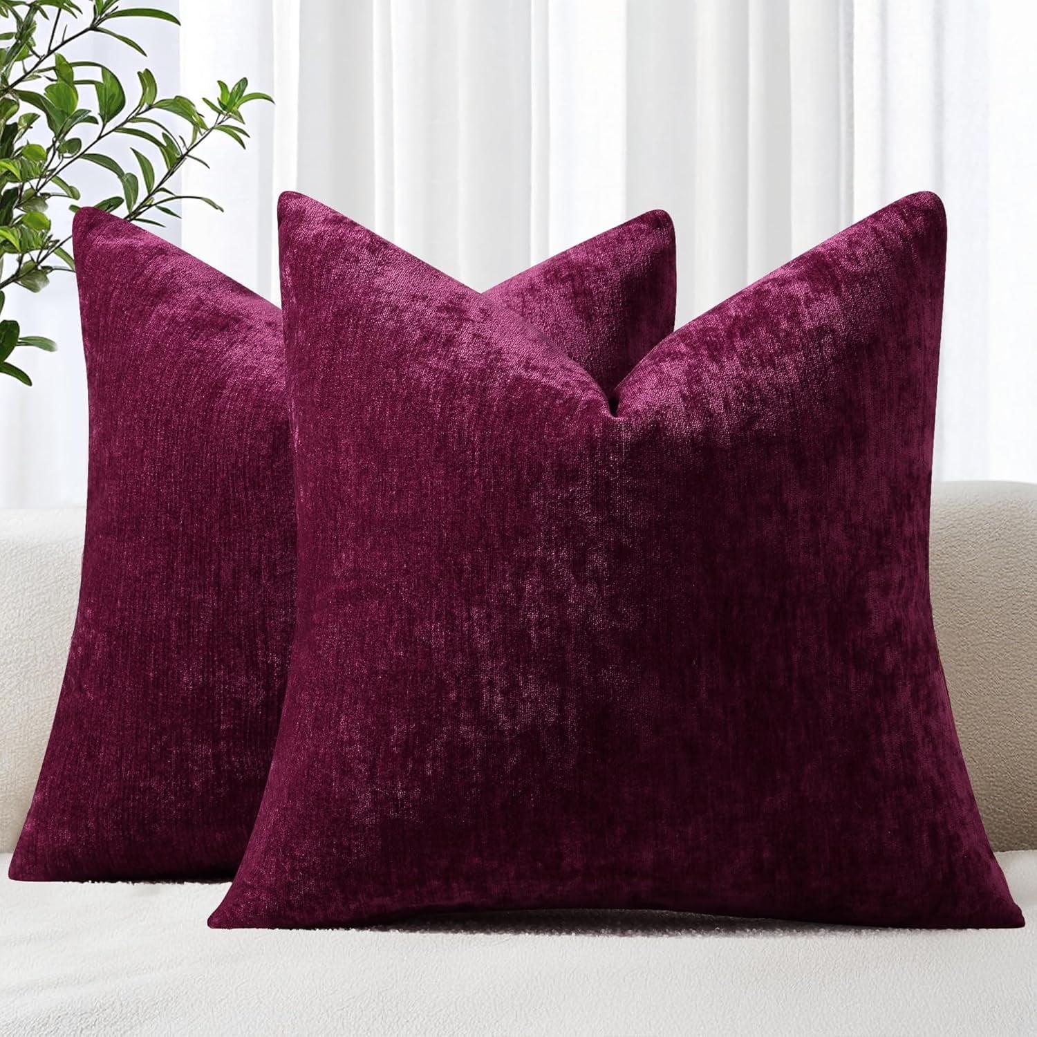 COOKCOK Chenille Black Throw Pillow Covers 18x18 Inch Set of 2, Decorative Soft Couch Pillow Covers Solid Dyed Accent Farmhouse Neutral Square Pillow Cases for Sofa Bed Living Room, Cream White