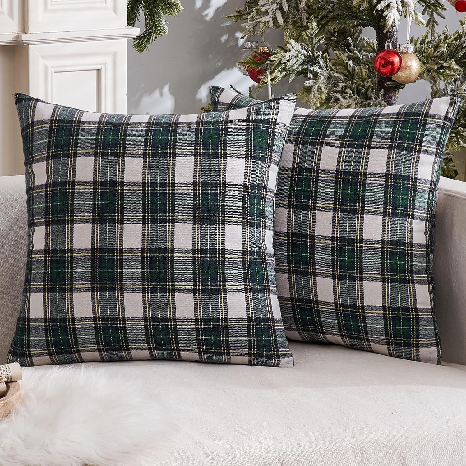 COOKCOK Christmas Set of 2 Scottish Tartan Plaid Throw Pillow Covers Farmhouse Classic Decorative Outdoor Square Cushion Cases for Decor Sofa Couch 18x18 Inch, Orange