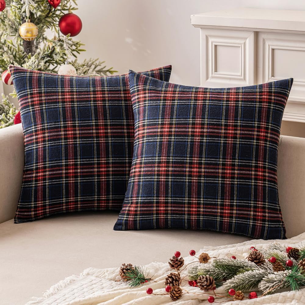 COOKCOK Christmas Set of 2 Scottish Tartan Plaid Throw Pillow Covers Farmhouse Classic Decorative Outdoor Square Cushion Cases for Decor Sofa Couch 18x18 Inch, Orange