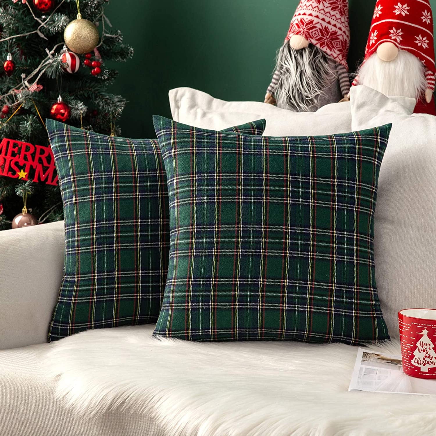 COOKCOK Christmas Set of 2 Scottish Tartan Plaid Throw Pillow Covers Farmhouse Classic Decorative Outdoor Square Cushion Cases for Decor Sofa Couch 18x18 Inch, Orange