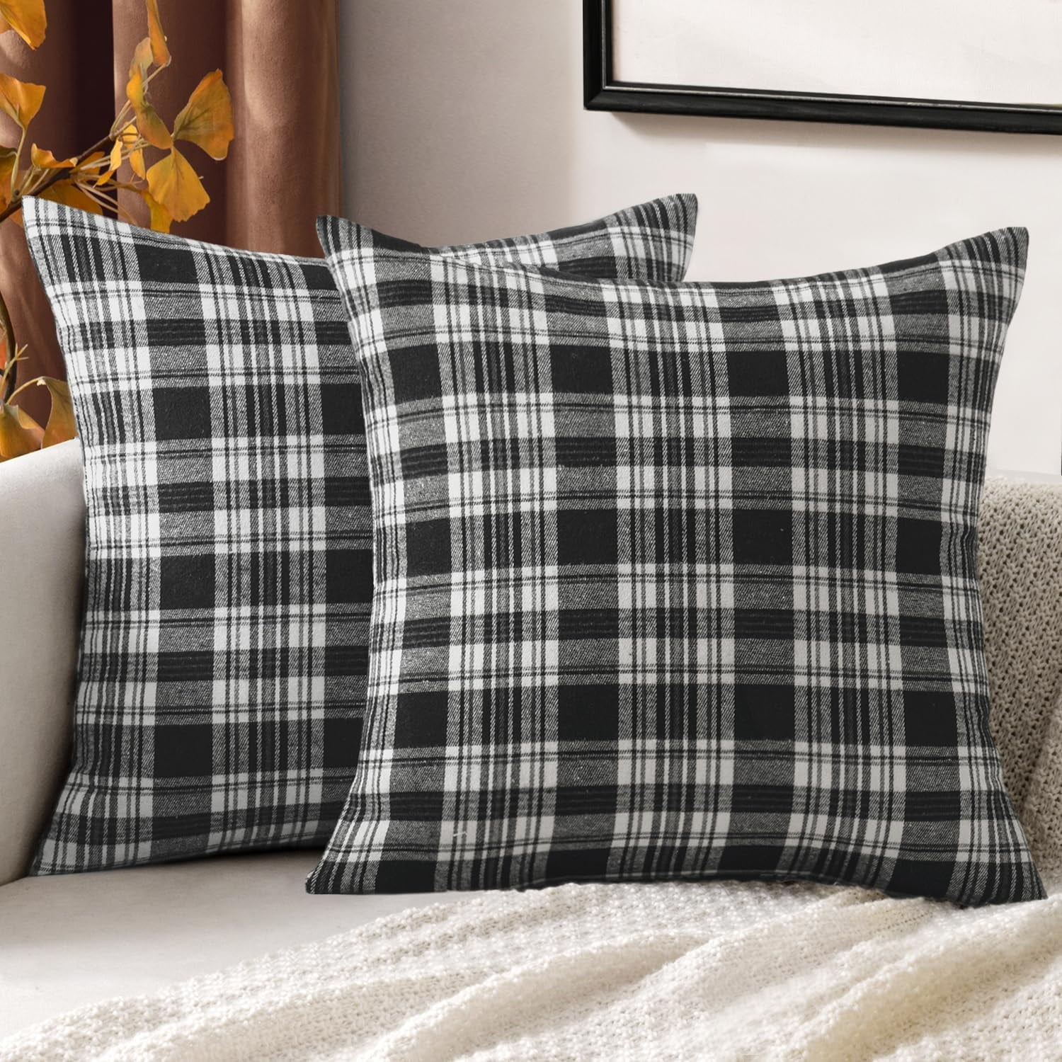 COOKCOK Christmas Set of 2 Scottish Tartan Plaid Throw Pillow Covers Farmhouse Classic Decorative Outdoor Square Cushion Cases for Decor Sofa Couch 18x18 Inch, Orange
