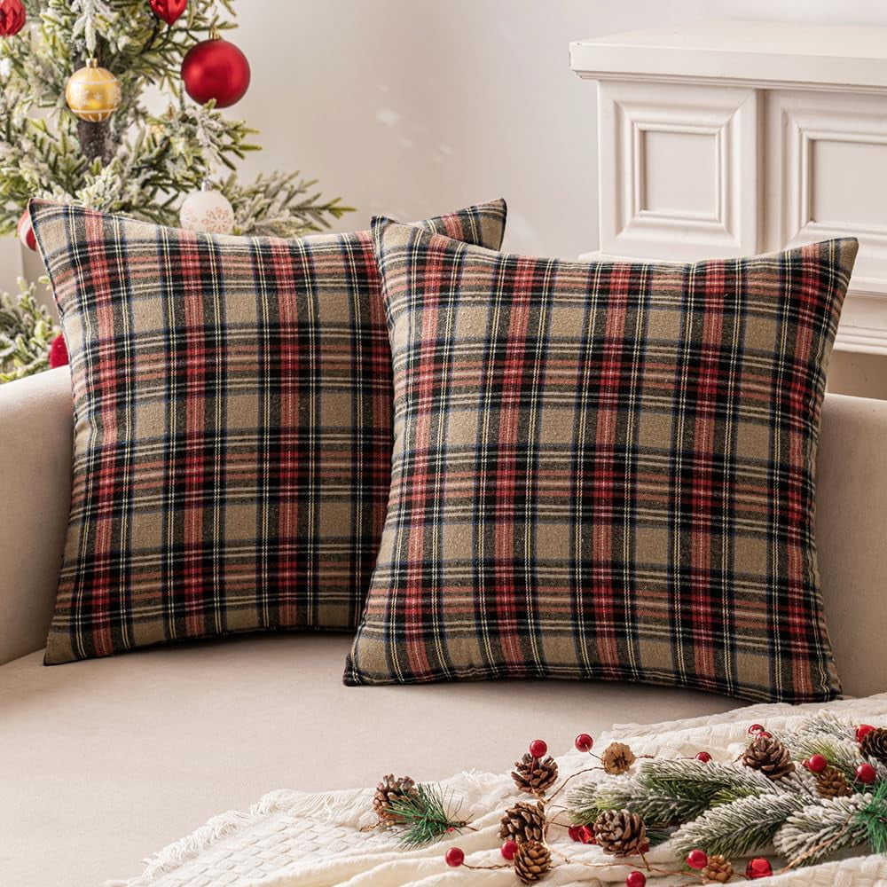 COOKCOK Christmas Set of 2 Scottish Tartan Plaid Throw Pillow Covers Farmhouse Classic Decorative Outdoor Square Cushion Cases for Decor Sofa Couch 18x18 Inch, Orange