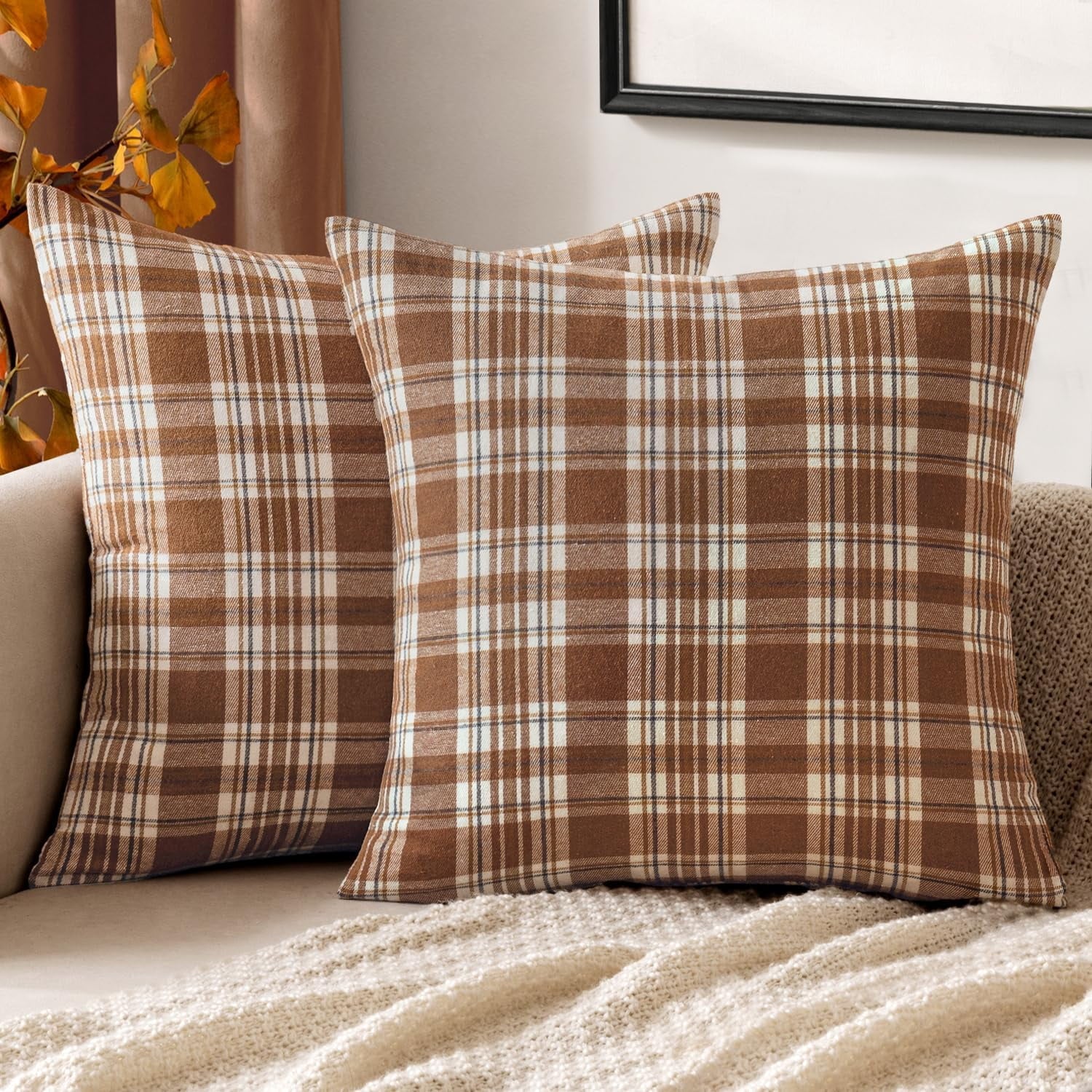 COOKCOK Christmas Set of 2 Scottish Tartan Plaid Throw Pillow Covers Farmhouse Classic Decorative Outdoor Square Cushion Cases for Decor Sofa Couch 18x18 Inch, Orange