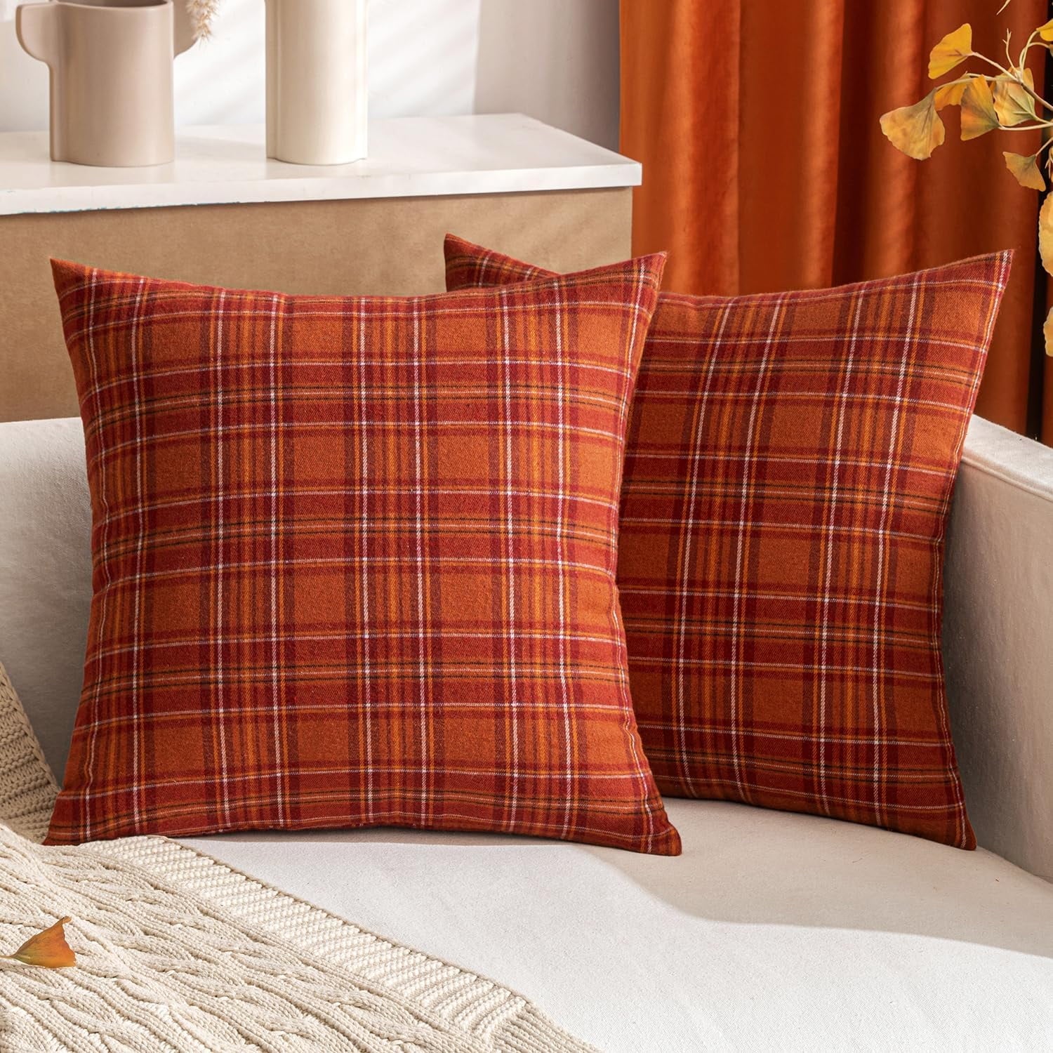 COOKCOK Christmas Set of 2 Scottish Tartan Plaid Throw Pillow Covers Farmhouse Classic Decorative Outdoor Square Cushion Cases for Decor Sofa Couch 18x18 Inch, Orange