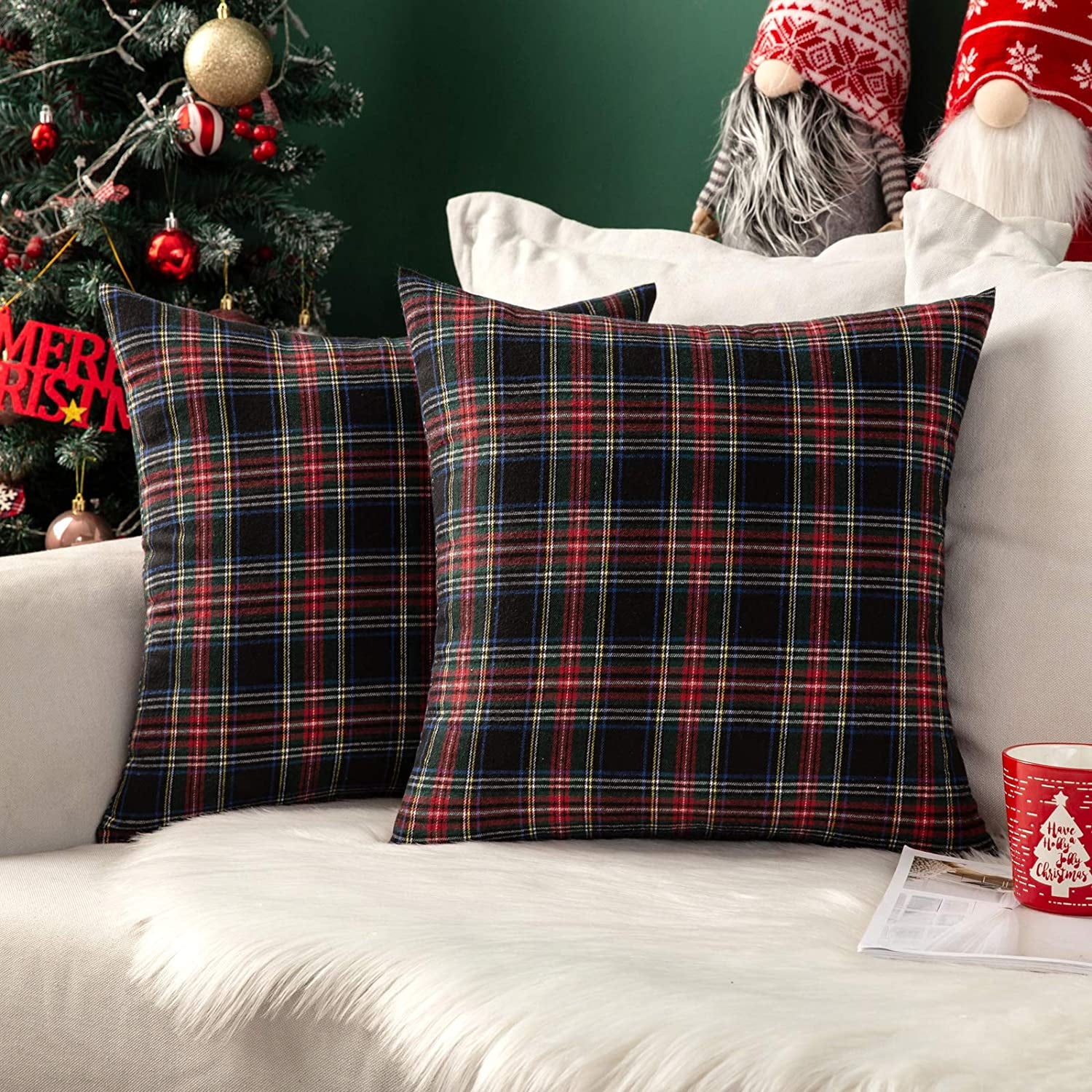 COOKCOK Christmas Set of 2 Scottish Tartan Plaid Throw Pillow Covers Farmhouse Classic Decorative Outdoor Square Cushion Cases for Decor Sofa Couch 18x18 Inch, Orange