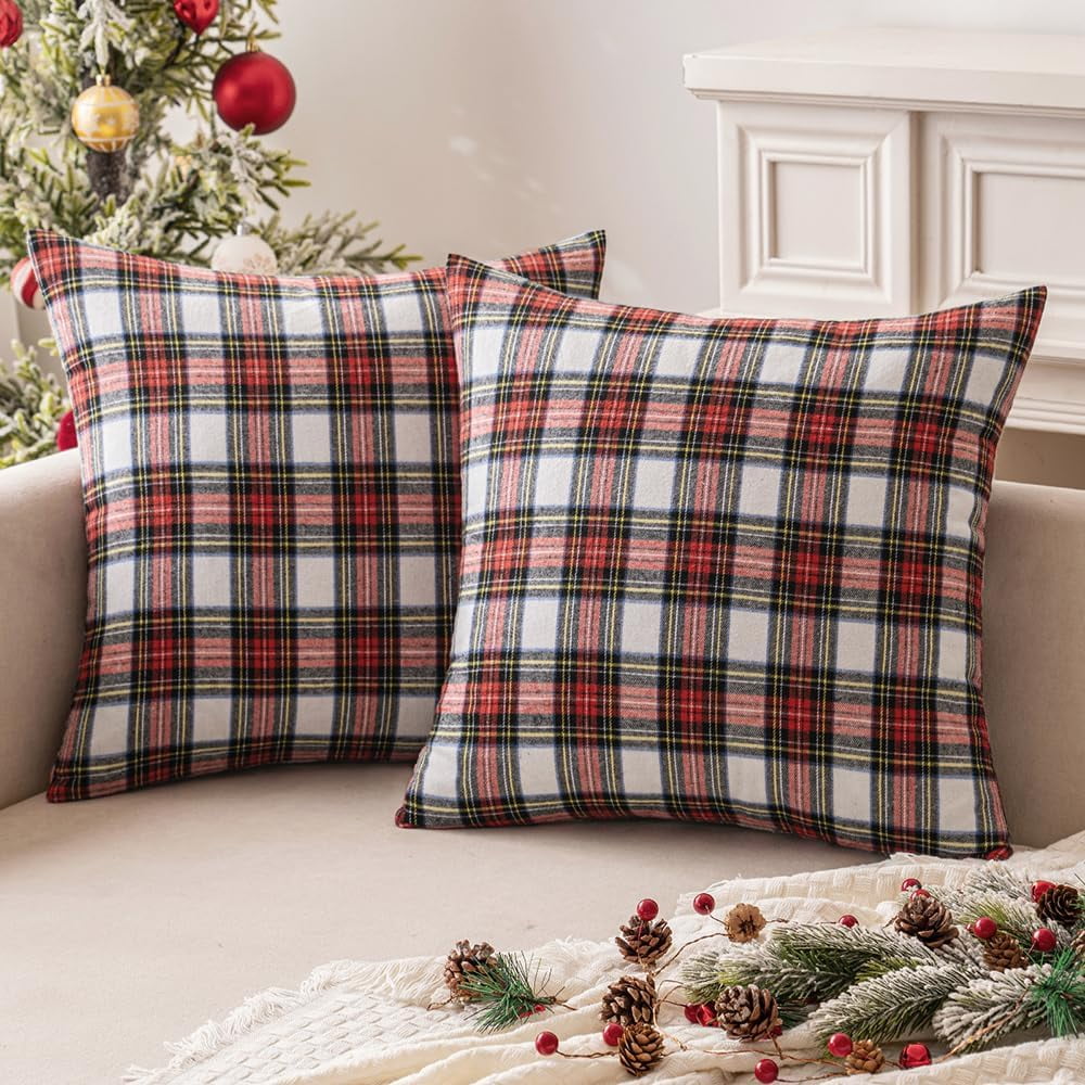 COOKCOK Christmas Set of 2 Scottish Tartan Plaid Throw Pillow Covers Farmhouse Classic Decorative Outdoor Square Cushion Cases for Decor Sofa Couch 18x18 Inch, Orange
