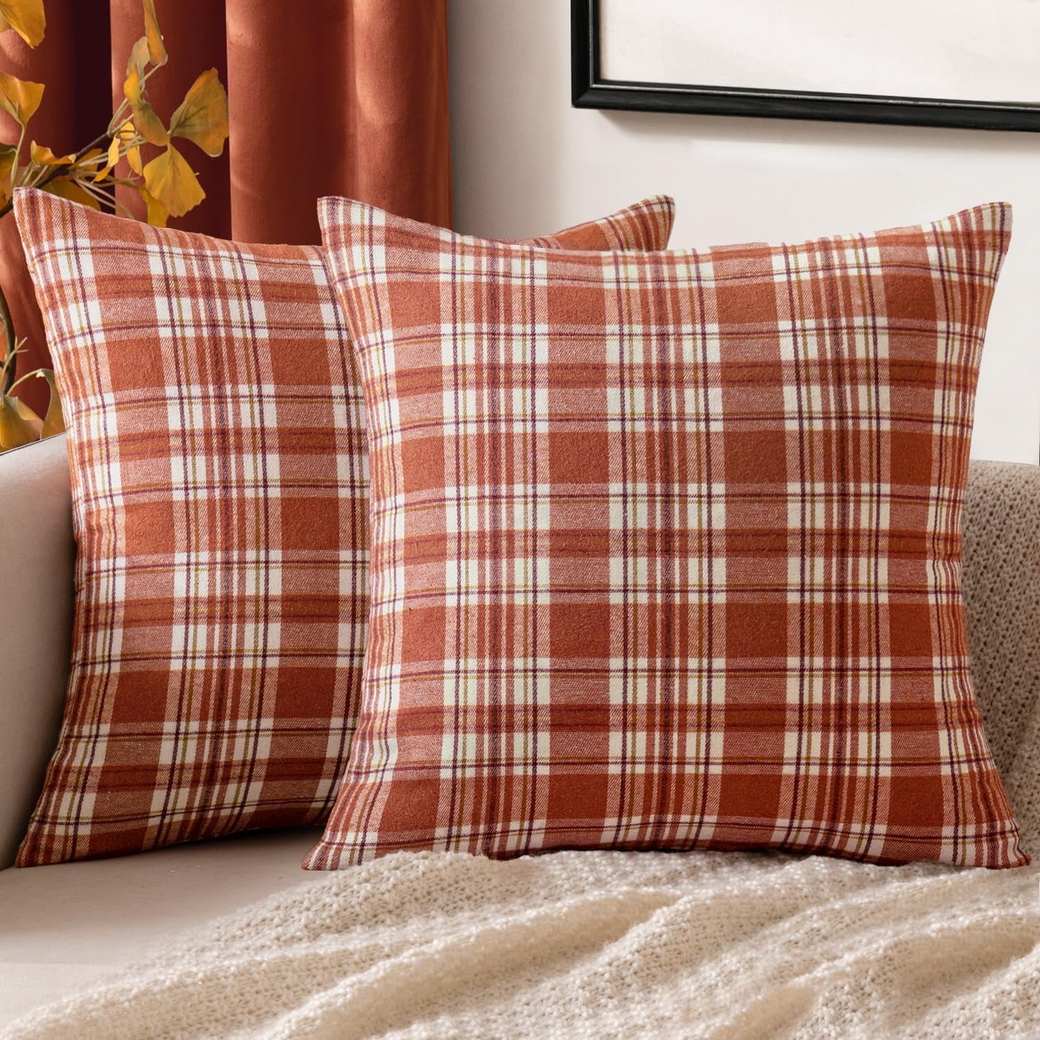 COOKCOK Christmas Set of 2 Scottish Tartan Plaid Throw Pillow Covers Farmhouse Classic Decorative Outdoor Square Cushion Cases for Decor Sofa Couch 18x18 Inch, Orange