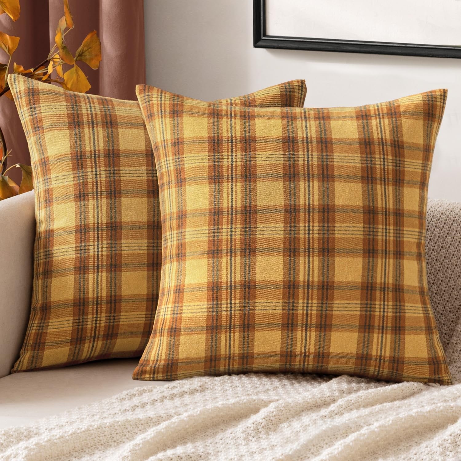 COOKCOK Christmas Set of 2 Scottish Tartan Plaid Throw Pillow Covers Farmhouse Classic Decorative Outdoor Square Cushion Cases for Decor Sofa Couch 18x18 Inch, Orange
