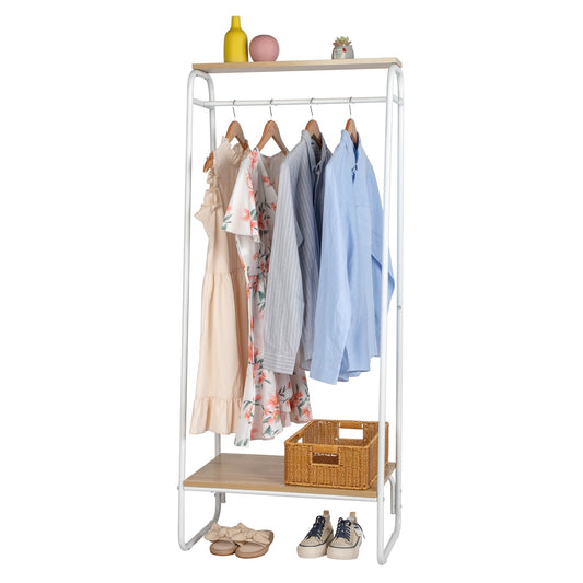 COOKCOK Clothes Rack for Hanging Clothes with 2 Wood Shelves, Freestanding Clothing Rack, Easy to Assemble Garment Rack, Metal, Sturdy Design, Small Space Storage Rack, White