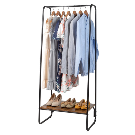 COOKCOK Clothes Rack for Hanging Clothes with Bottom Wood Shelf, Freestanding Clothing Rack, Easy to Assemble Garment Rack, Metal, Sturdy, Small Space Storage Rack, Brown