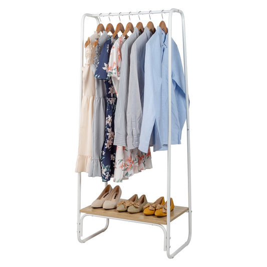 COOKCOK Clothes Rack for Hanging Clothes with Bottom Wood Shelf, Freestanding Clothing Rack, Easy to Assemble Garment Rack, Metal, Sturdy,Small Space Storage Rack,White