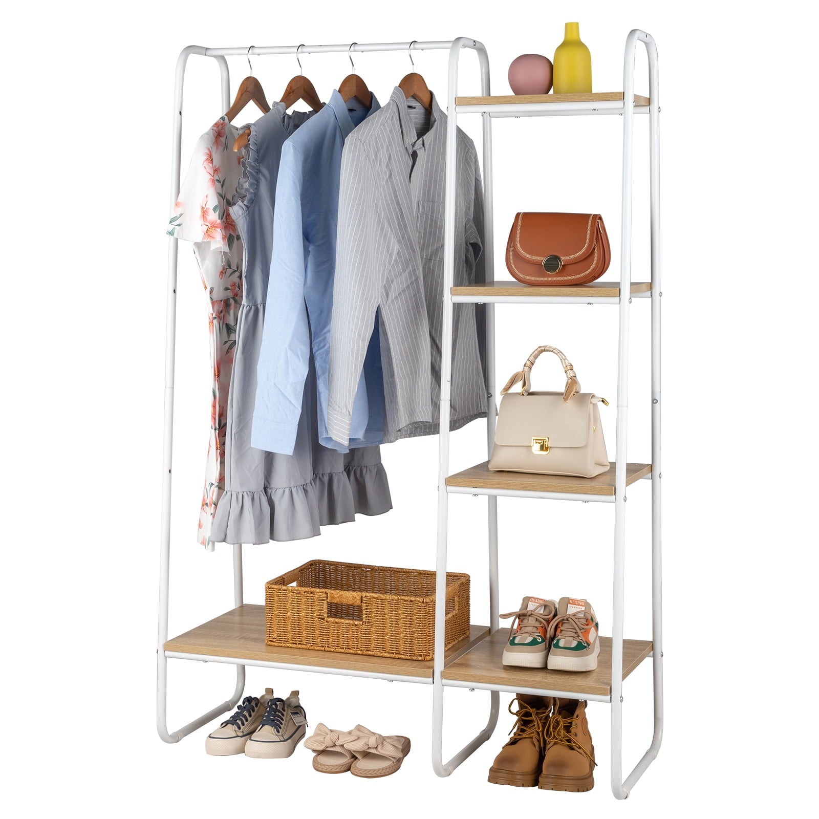 COOKCOK Clothing Rack Garment Rack with Shelves Wardrobe Rack Freestanding Closet Racks with Metal Hanger Rod and 4-Tier Wood Shelves Heavy Duty Clothes Rack for Bedroom Living Room Entryway, White