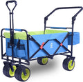 COOKCOK Collapsible Folding Wagon Cart, Heavy Duty Utility Wagon with Removable Rear Bag & Adjustable Push Pull Handle, All Terrain Beach Wagon with Big Wheel for Sand, Blue