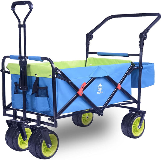 COOKCOK Collapsible Folding Wagon Cart, Heavy Duty Utility Wagon with Removable Rear Bag & Adjustable Push Pull Handle, All Terrain Beach Wagon with Big Wheel for Sand, Blue