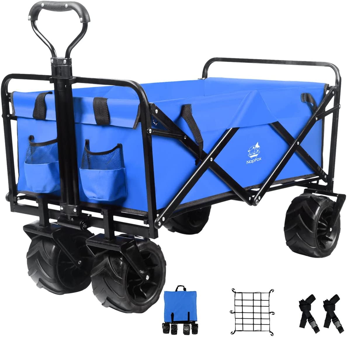 COOKCOK Collapsible Heavy Duty Beach Wagon Cart, Outdoor Folding Utility Cart with Universal Wheels, Adjustable Handle, Cargo net & Wagon Straps for Shopping, Camping, Blue
