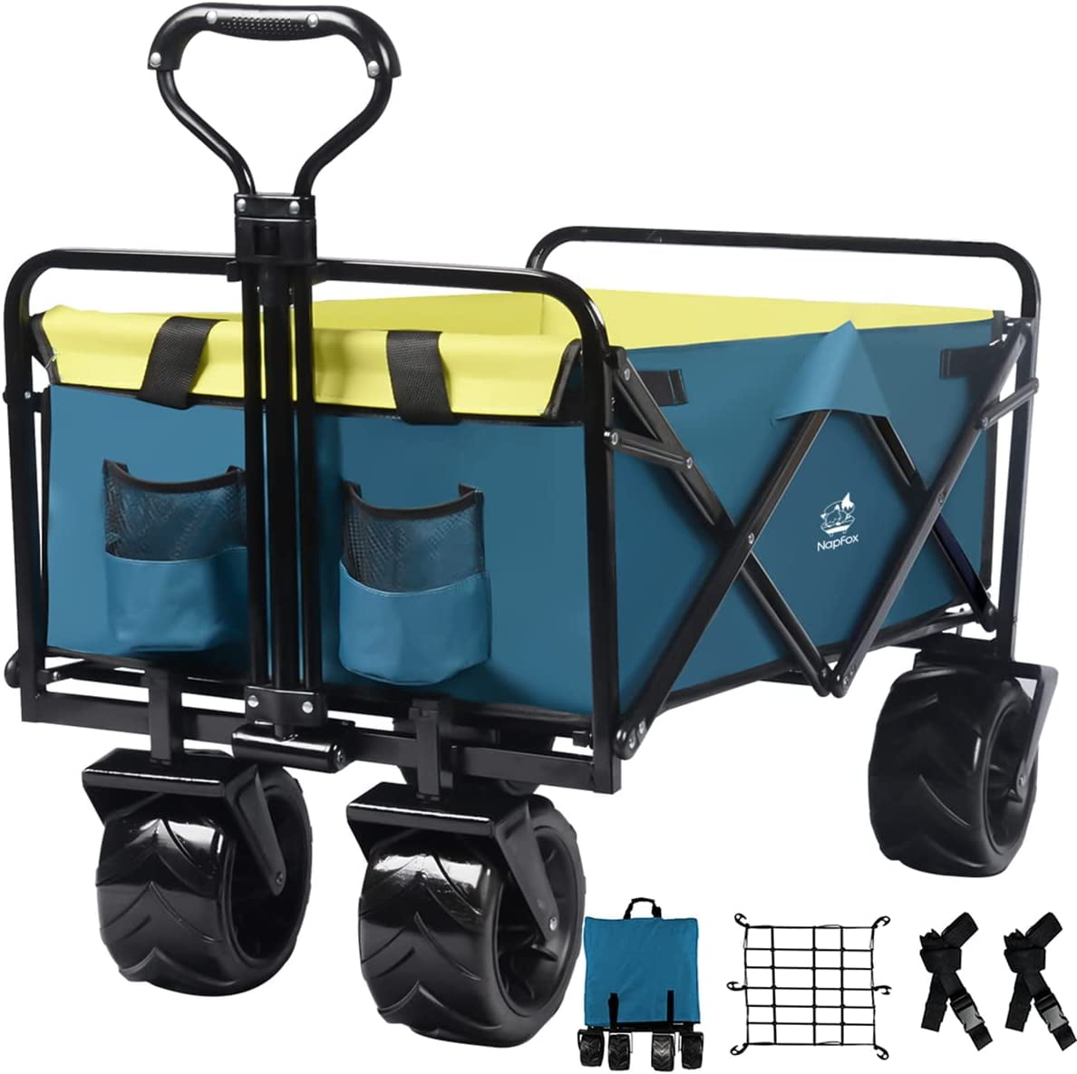 COOKCOK Collapsible Heavy Duty Beach Wagon Cart, Outdoor Folding Utility Cart with Universal Wheels, Adjustable Handle, Cargo net & Wagon Straps for Shopping, Camping, Blue