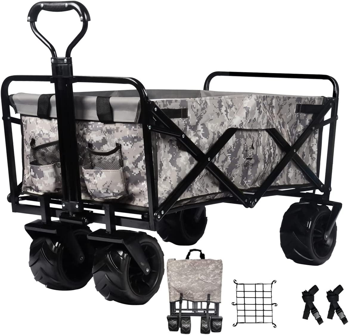 COOKCOK Collapsible Heavy Duty Beach Wagon Cart, Outdoor Folding Utility Cart with Universal Wheels, Adjustable Handle, Cargo net & Wagon Straps for Shopping, Camping, Blue