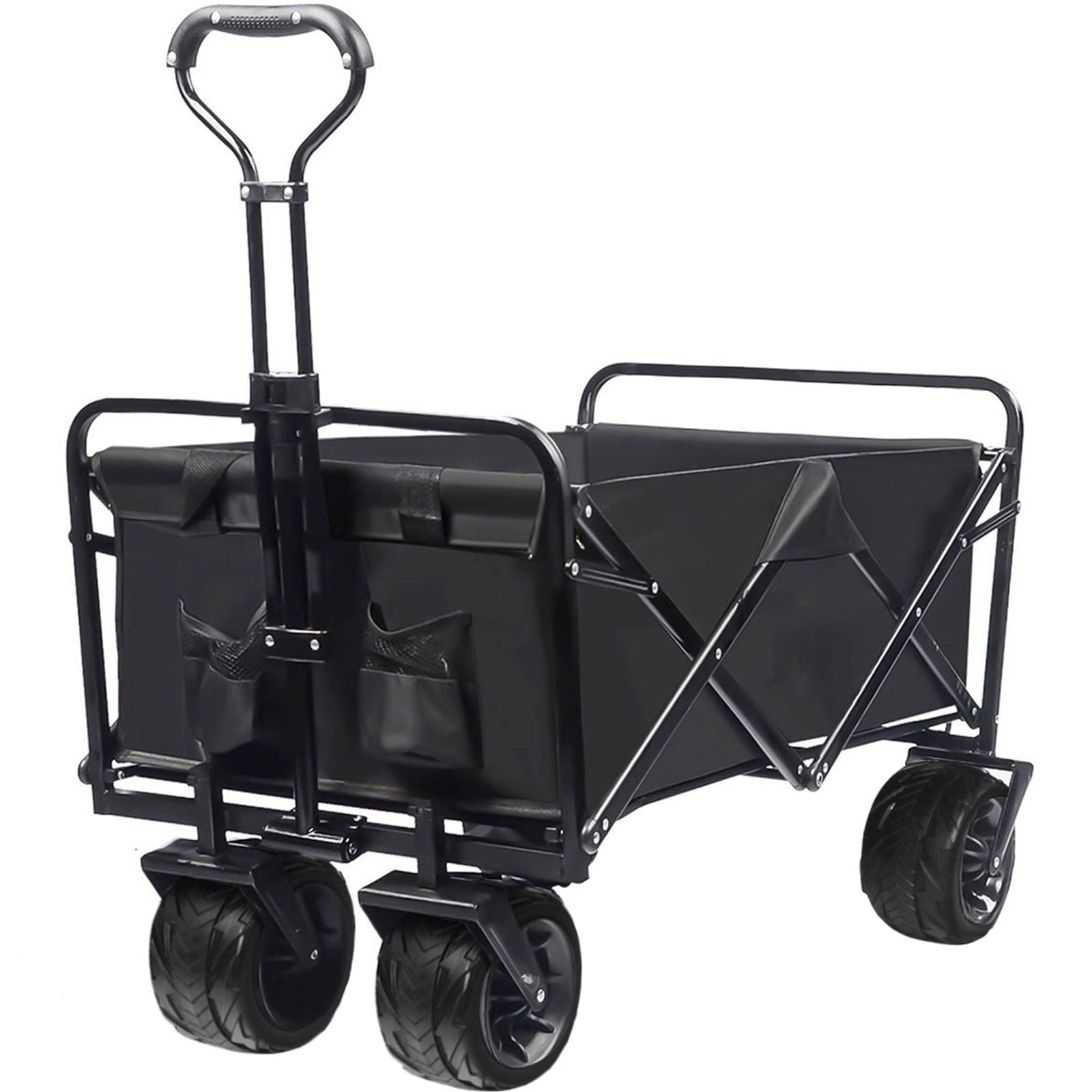 COOKCOK Collapsible Heavy Duty Wagon Cart, Outdoor Folding Utility Camping Garden Beach Cart with Universal Wheels & Adjustable Handle Shopping, Black