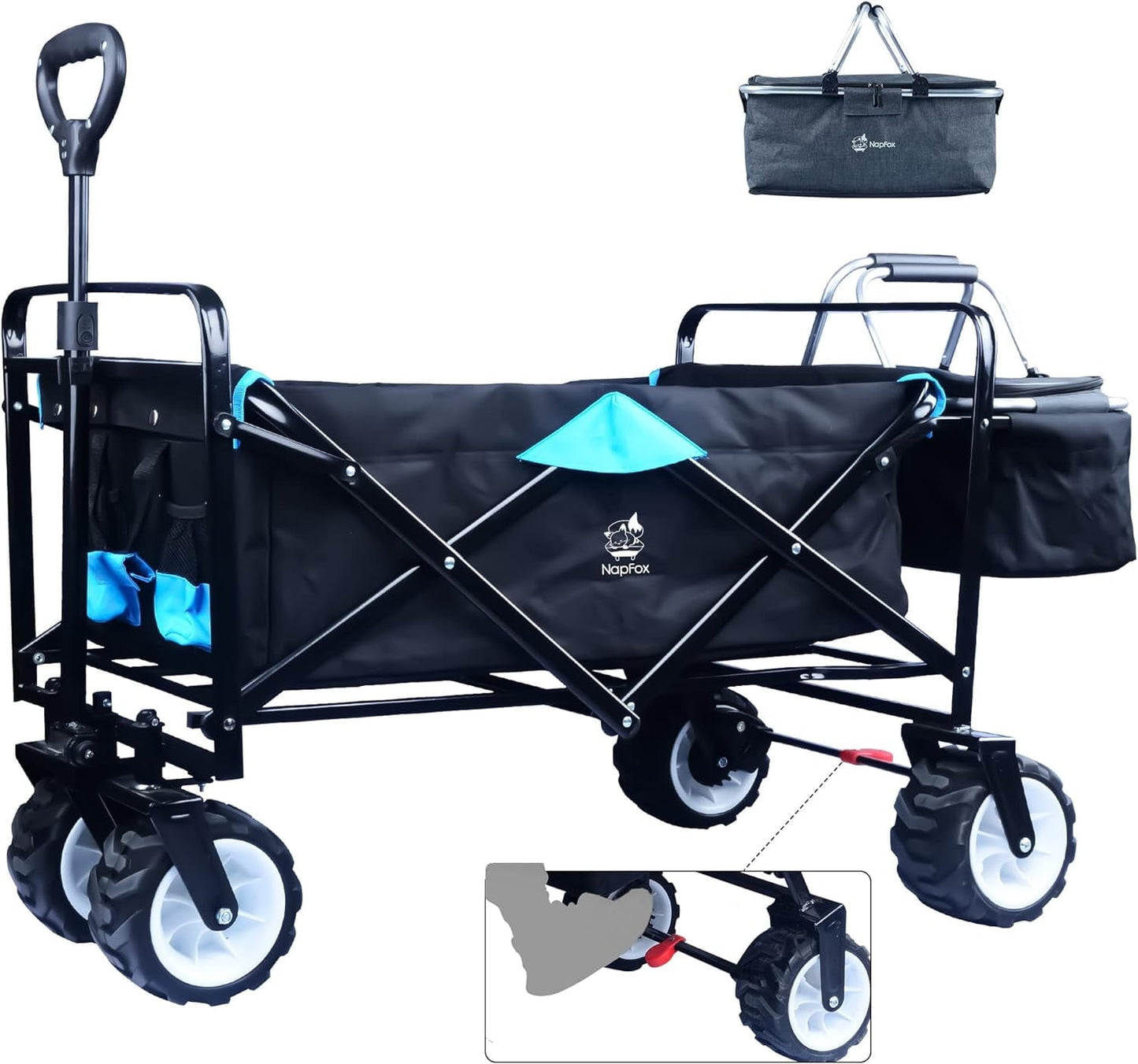 COOKCOK Collapsible Wagon Cart, 350 Pound Capacity Heavy Duty Enlarged Utility Folding Beach Garden Wagon Cart with Cooler Bag & Big Wheels for Outdoor Camping Shopping, Green