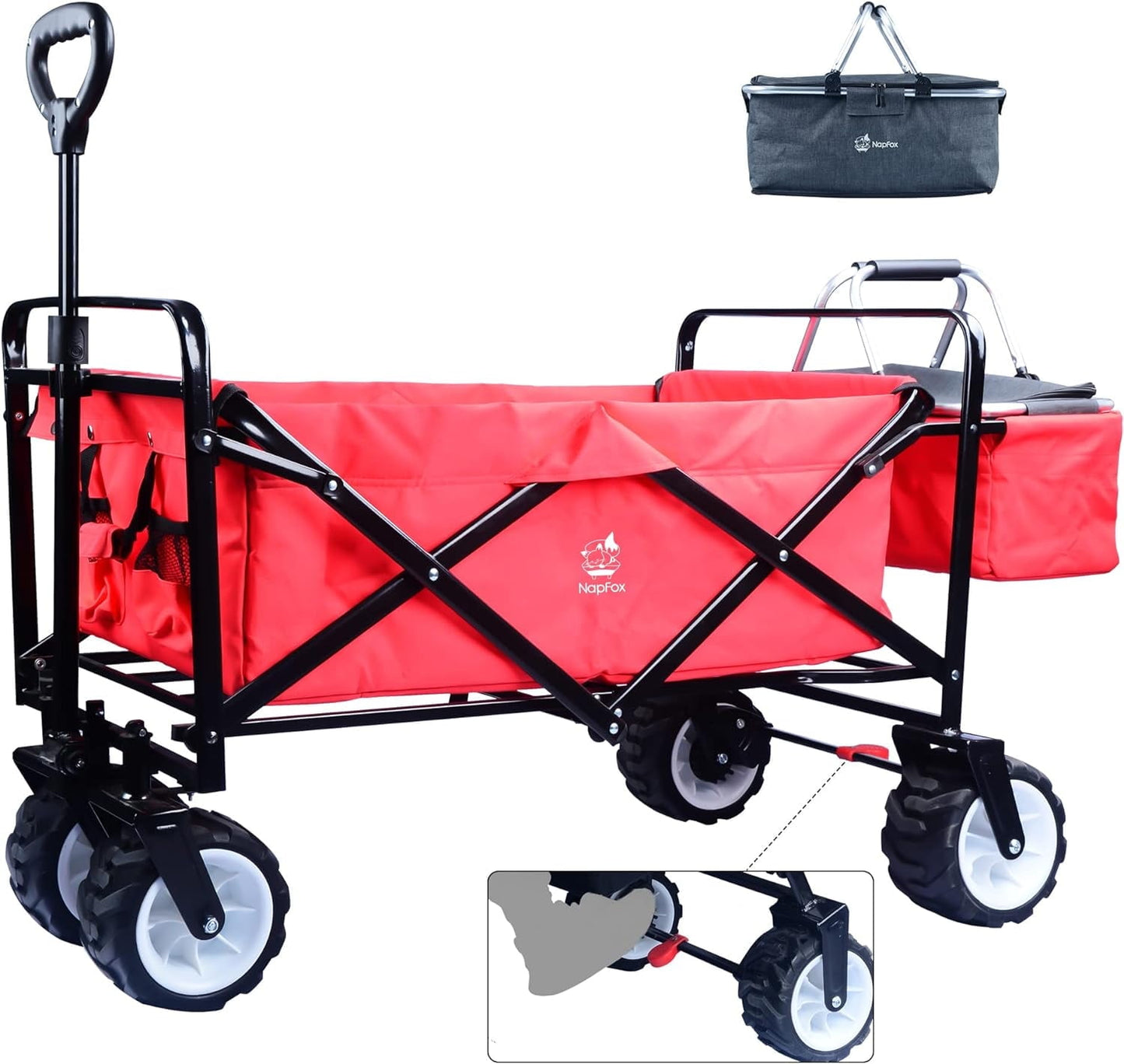 COOKCOK Collapsible Wagon Cart, 350 Pound Capacity Heavy Duty Enlarged Utility Folding Beach Garden Wagon Cart with Cooler Bag & Big Wheels for Outdoor Camping Shopping, Green