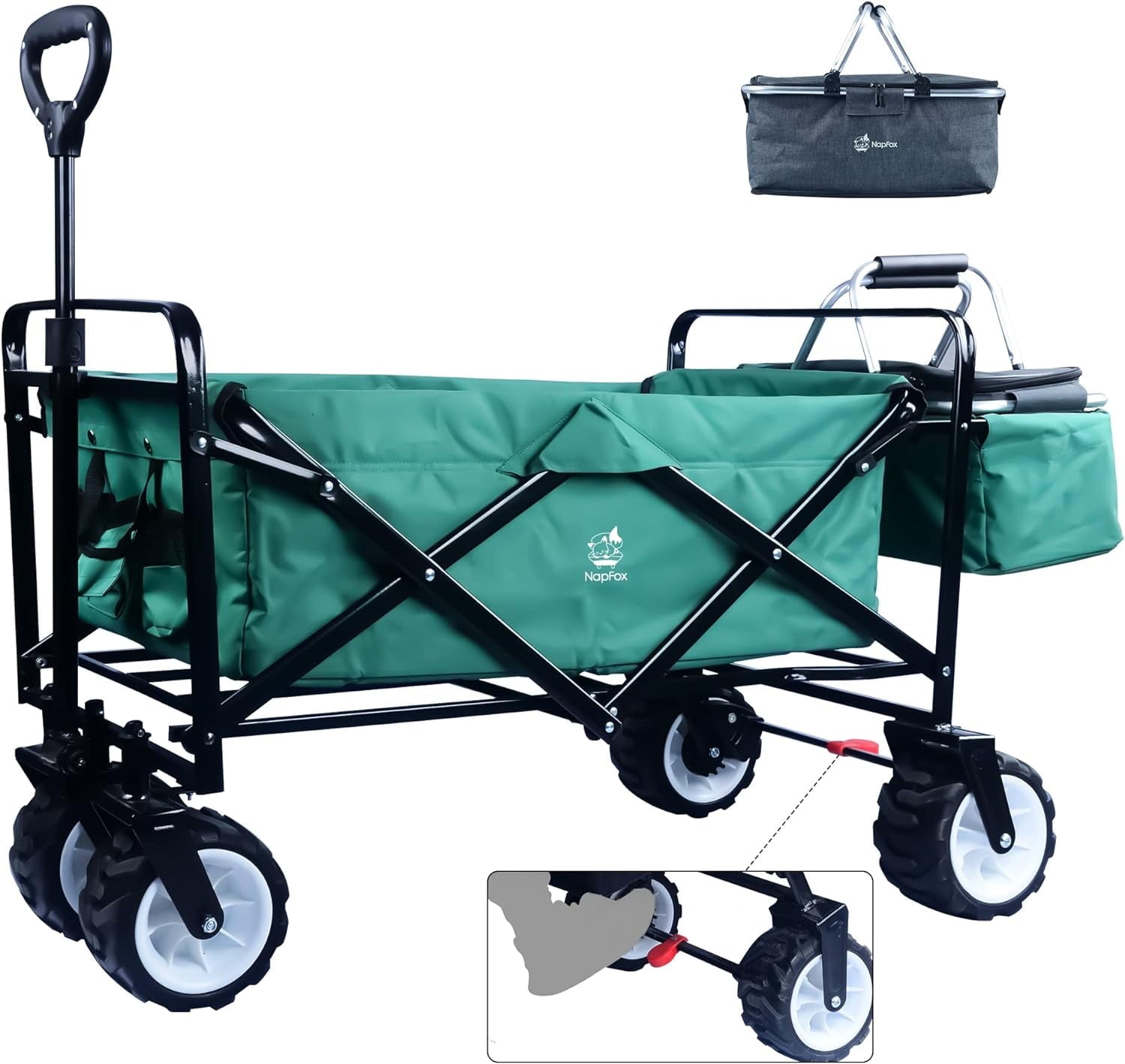 COOKCOK Collapsible Wagon Cart, 350 Pound Capacity Heavy Duty Enlarged Utility Folding Beach Garden Wagon Cart with Cooler Bag & Big Wheels for Outdoor Camping Shopping, Green