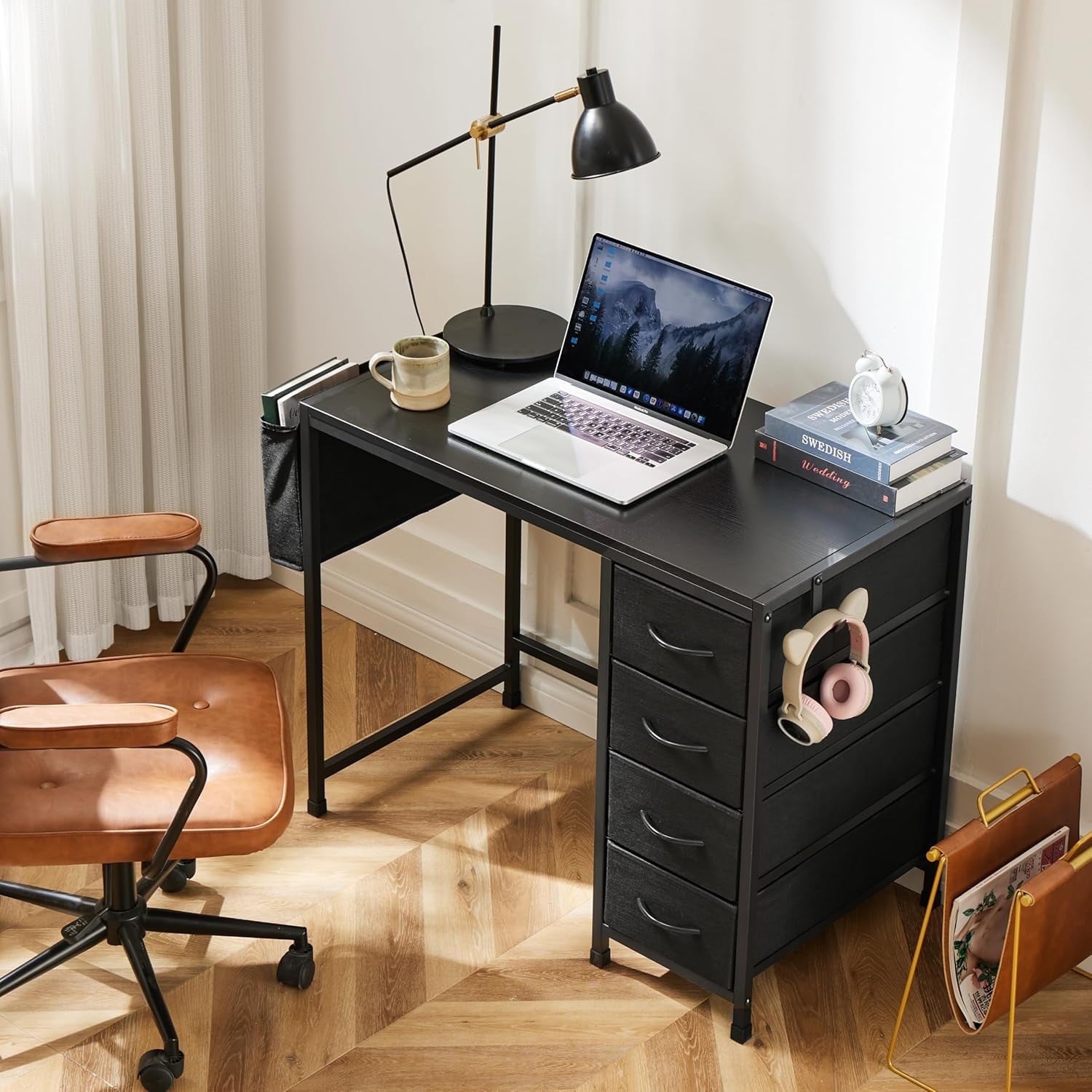 COOKCOK Computer Desk with Fabric Drawers Office Small Desk 36" Wide Desk with Headphone Hooks & Storage Bag for Student Kids Reading Table for Small Spaces, White