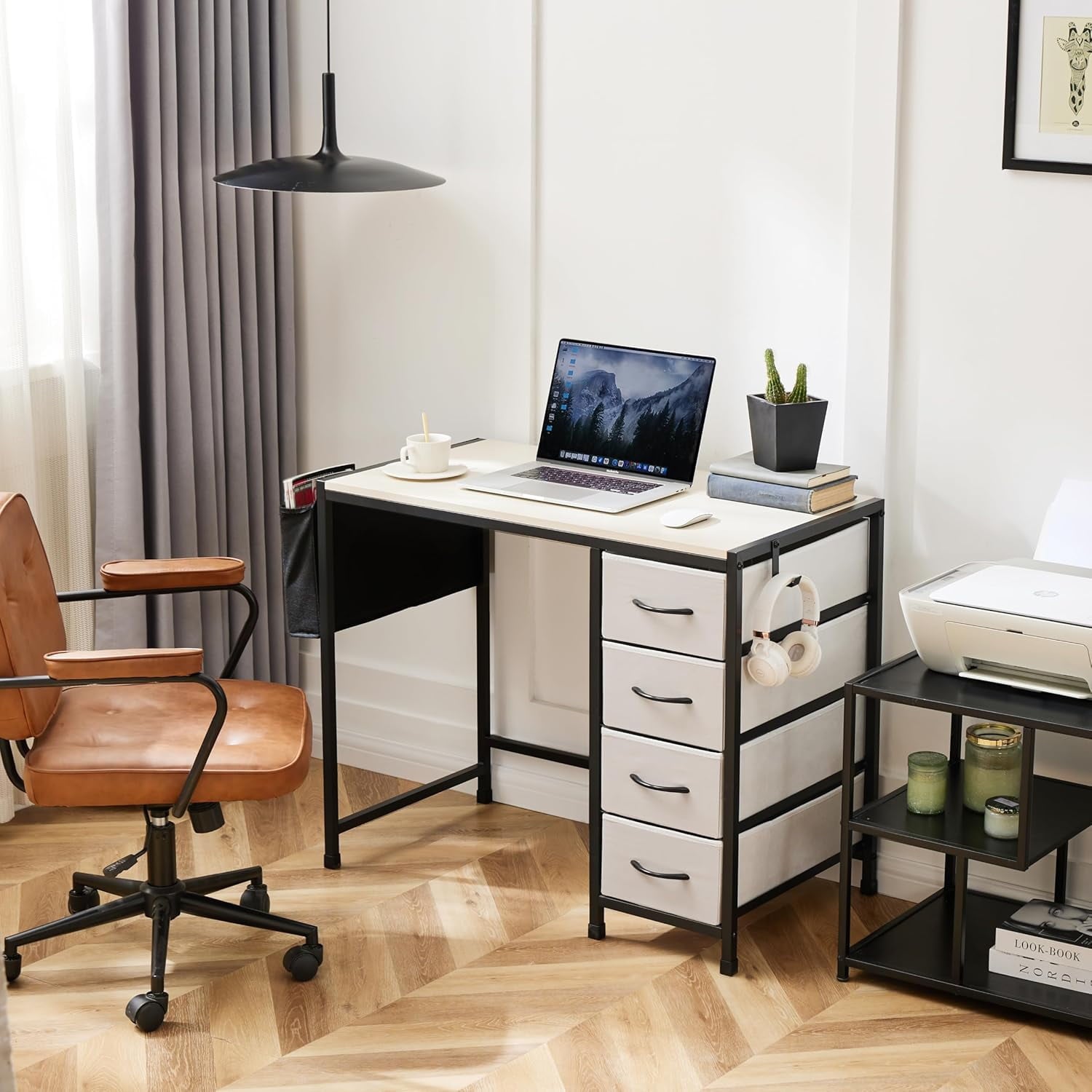 COOKCOK Computer Desk with Fabric Drawers Office Small Desk 36" Wide Desk with Headphone Hooks & Storage Bag for Student Kids Reading Table for Small Spaces, Brown