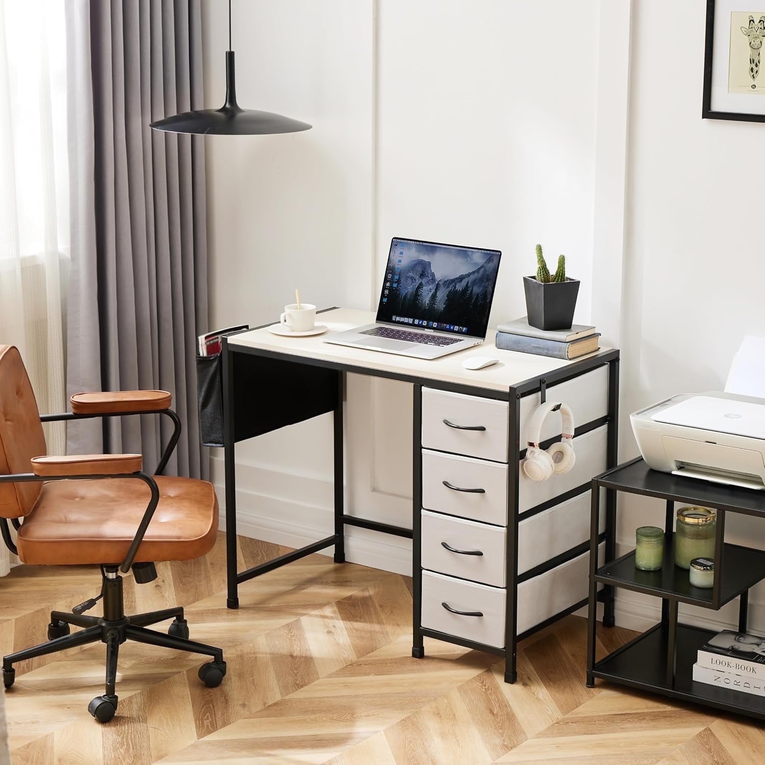 COOKCOK Computer Desk with Fabric Drawers Office Small Desk 36" Wide Desk with Headphone Hooks & Storage Bag for Student Kids Reading Table for Small Spaces, White