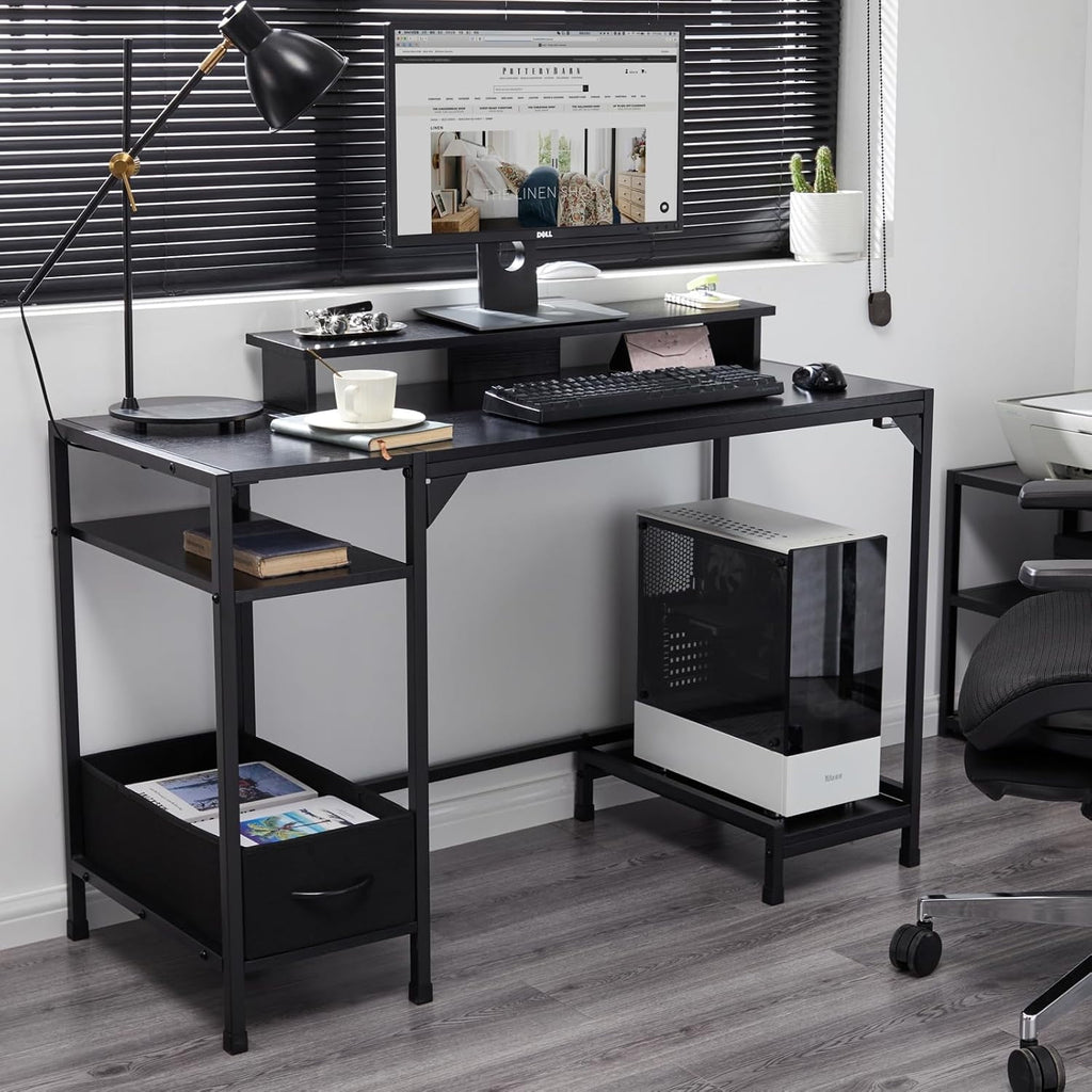 COOKCOK 47 inch Computer Desk, Office Desk with a Monitor Stand and Fabric Drawer, Writing Gaming Table with Shelves and 2 Hooks for Home Office, Black